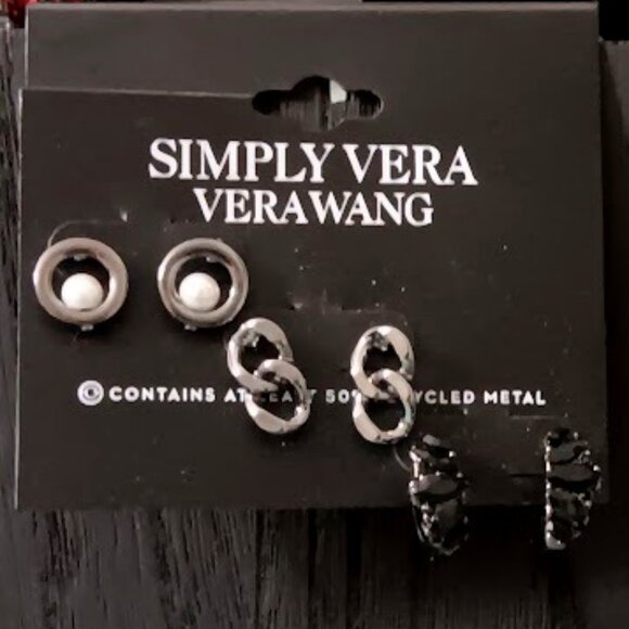 VERA WANG 3pc Goth Gunmetal Chain/Circle w/ Pearl/Black Crystal Hoop Earrings - Picture 3 of 4